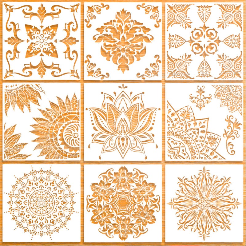 Juome 9 Pack (12x12 Inch) Large Reusable Stencil Mandala Stencil Laser Cut Painting Template for Floor Wall Tile Fabric Furniture Stencils Painting - Image 1